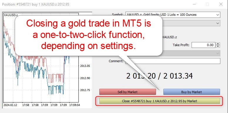 Closing of gold trading positions in MT5